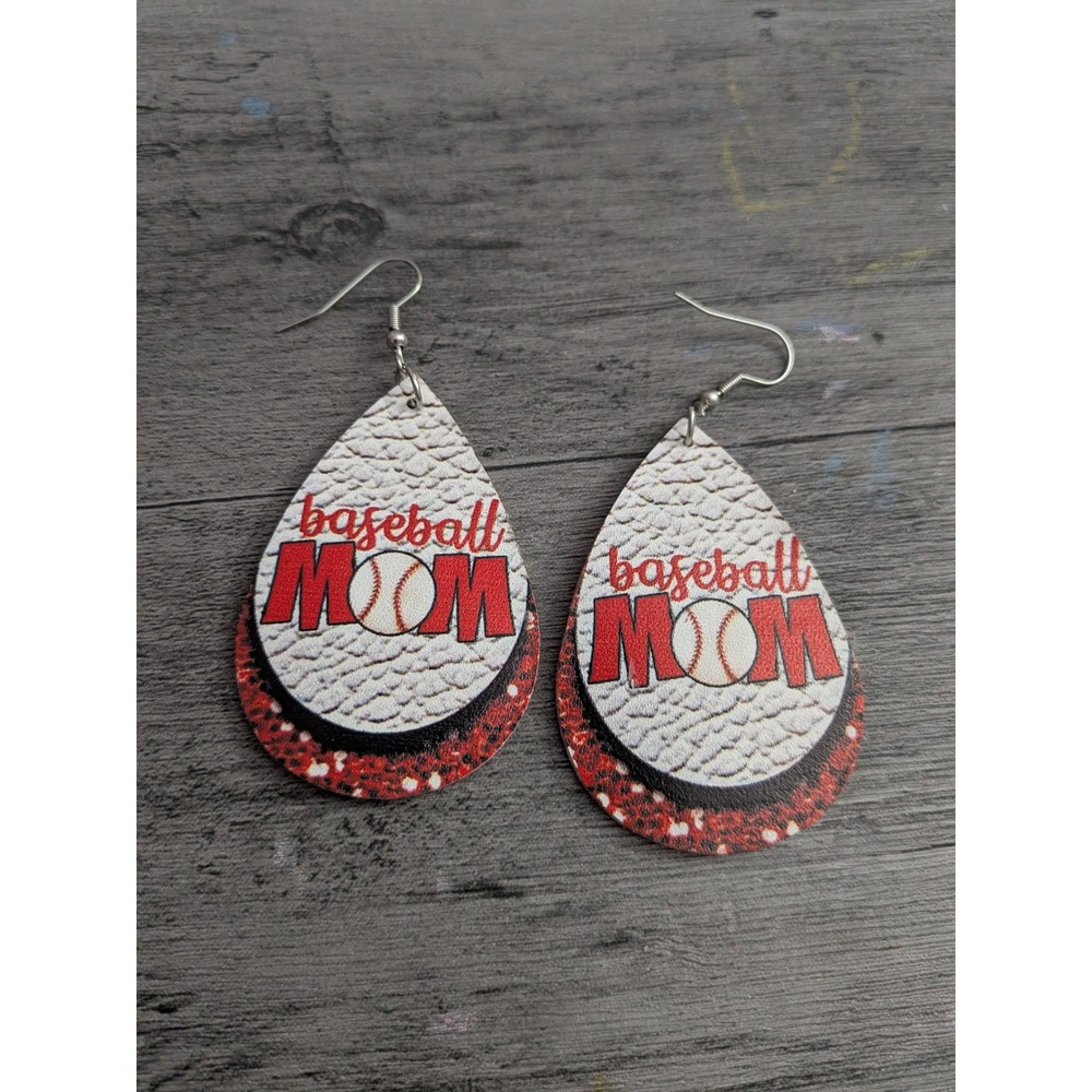 Baseball Mom Faux Leather Teardrop Earrings Red Glitter Layered Sport Jewelry
